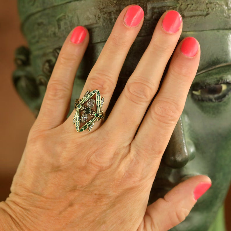 Dragonfly Wide Face Gemstone Women's Vintage Jewelry Ring